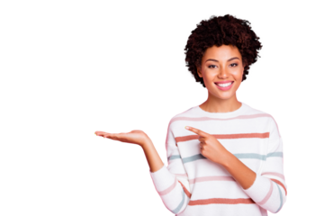 Photo of pretty dark skin wavy lady indicating finger on open palm advising new cheap product wear striped pullover isolated pastel pink color background