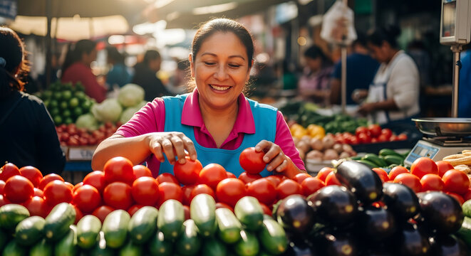 Smiling female vendor arranges fresh tomatoes at a vibrant outdoor farmers market