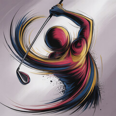 Abstract golf swing painting: vivid crimson, gold, sapphire burst. Indigo/charcoal streaks, muted lavender/grey background. Athleticism, power for modern decor.