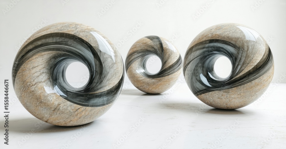 Aufkleber Stone sculptures display swirling patterns. Three rounded forms rest upon light surface. Minimalist aesthetic, elegant design.