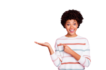 Photo of pretty dark skin wavy lady indicating finger on open palm advising new amazing cheap product wear striped pullover isolated pastel pink color background