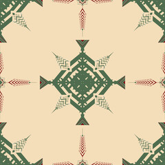 Seamless Tribal Stripe Pattern – Ethnic Horizontal Geometric Rug Design in Green and Red Tones. design is perfect for use in home decor, rug and carpet design, fabric prints, wallpapers, boho fashion.