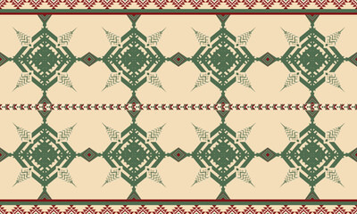 Seamless Tribal Stripe Pattern – Ethnic Horizontal Geometric Rug Design in Green and Red Tones. design is perfect for use in home decor, rug and carpet design, fabric prints, wallpapers, boho fashion.