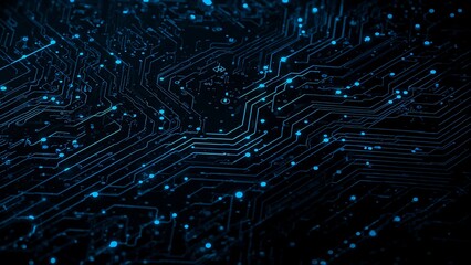 Close-up view of the black motherboard with blue digital circuitry flashing,line,high,board