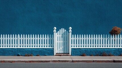 Fototapeta premium A white PVC gate stands in front of a striking dark blue wall, complemented by a small plant nearby. The scene captures a bright, welcoming atmosphere that invites exploration
