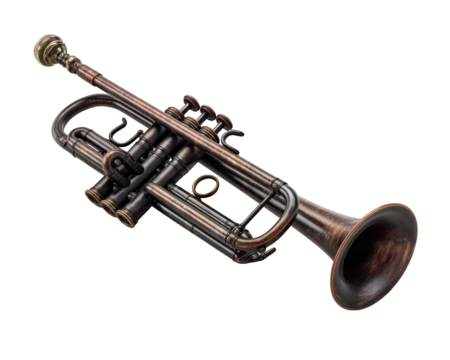Vintage trumpet brass instrument isolated on transparency background, featuring worn metal texture, classic design, and detailed valves, perfect for music and jazz themes