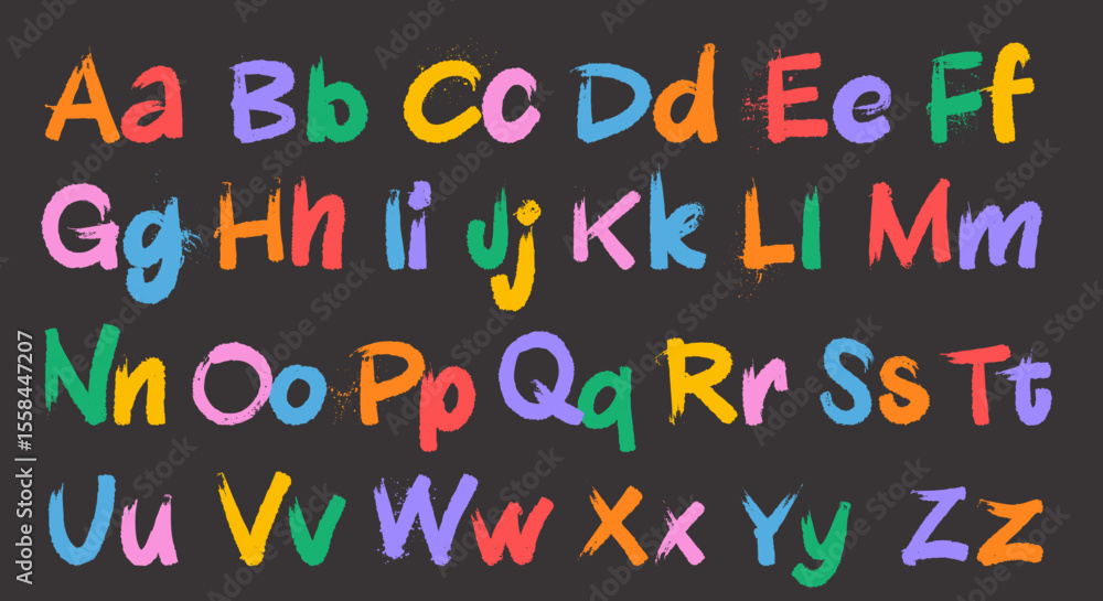 Poster bold strokes with splashes color alphabet with lowercase, uppercase letters. capital letters in rust
