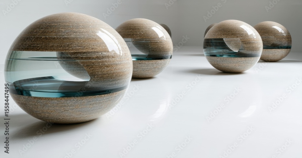 Poster Spherical objects display layered texture, blue accent. Minimalist composition, glossy surface, reflective quality, modern design. Smooth forms create visual rhythm.