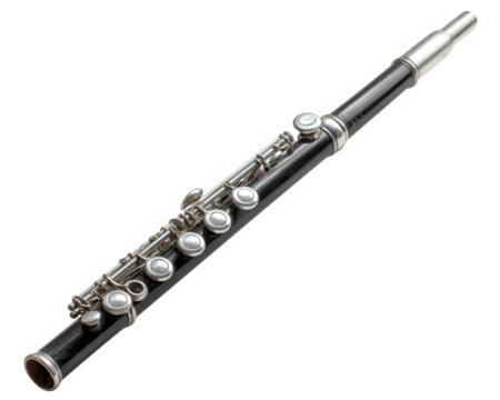 Black piccolo flute with silver keys and mouthpiece, isolated on transparency background, musical instrument, classical woodwind, shiny metal details, elegant design, studio lighting
