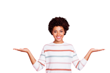 Photo of cheerful cute fascinating toothy black promoter showing you two sides advantages of object held with her hands wearing sweater white striped isolated over pastel color background