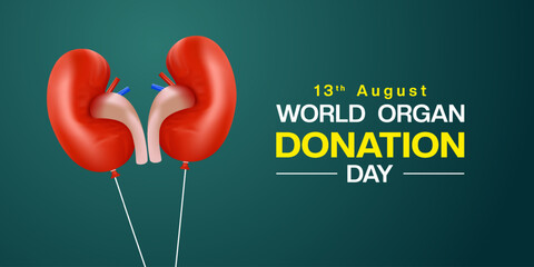 13 th August is World Organ Donation Day. Kidney. Great for posters, banners and social media. Dark green background.