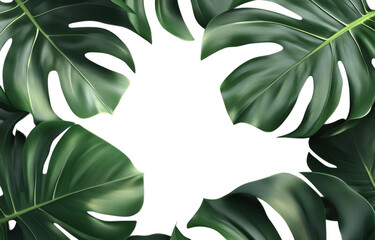 Lush monstera leaves create vibrant frame, showcasing their large, glossy surfaces and intricate patterns. This botanical arrangement evokes sense of tropical elegance and natural beauty