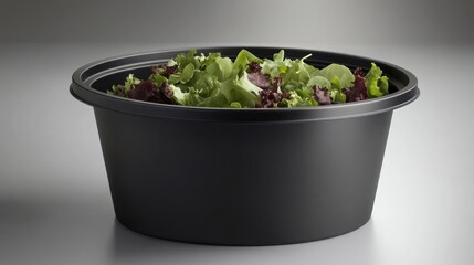 Black plastic bowl filled with mixed greens salad
