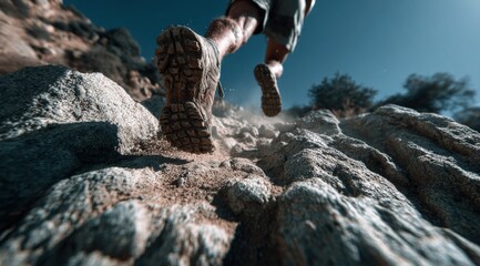 Close up of trail running shoes on rocky path, athlete running uphill on mountain path during summer sunny day