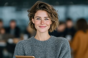 A smiling American woman in her late twenties holds a tablet in a contemporary office environment. The background features colleagues collaborating and working on tasks