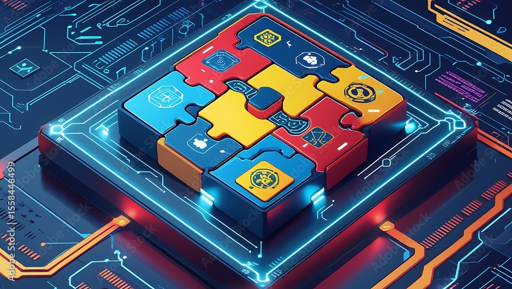 Poster isometric puzzle circuit board with interlocking pieces and glowing lines