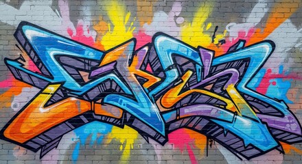 Dynamic Abstract Graffiti Mural Adorning a Weathered Brick Wall