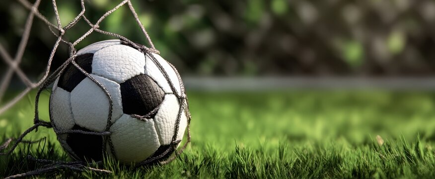 The soccer ball resting in the goal net on vibrant green grass.
