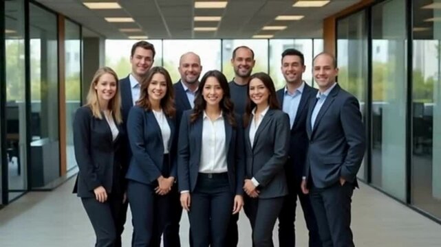 Diverse professional team smiling confidently in modern office, collaborative vibe