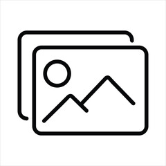 Image Placeholder Icon Vector – Black Silhouette of Photo Frame with Mountain and Sun on White Background
