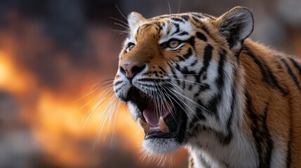 Fototapeta premium A powerful tiger roars ferociously, set against a dramatic backdrop of flames. This stunning moment captures the essence of wild power and fierce beauty found in nature