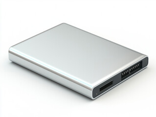  sleek, silver external hard drive with a rectangular shape and a USB port for data connection and transfer.