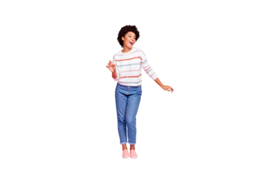 Full length photo of pretty dark skin lady at dancing party moving with favorite song rhythm wear striped pullover and jeans isolated pastel pink color background