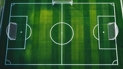 Aerial View of a Green Soccer Field with White Lines and Goals