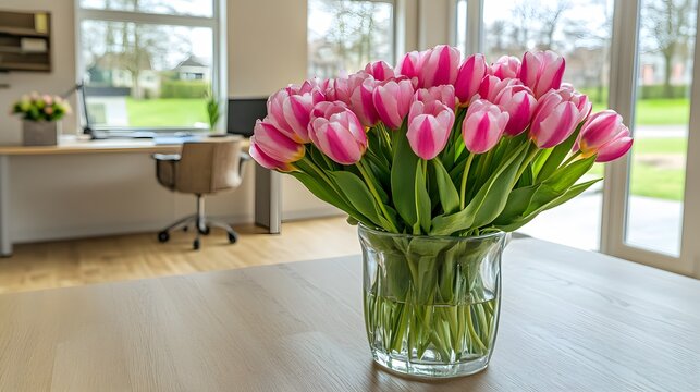 Pink Tulips in Glass Vase Office Desk Decor