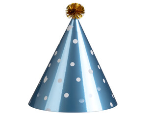 A cheerful blue party hat with white polka dots and a sparkling gold pom-pom stands ready for festive occasions.