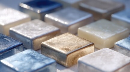 Close-up of square blocks in varying shades and sizes with gold accents, glossy texture, soft lighting, and gradient for modern creative or tech designs.