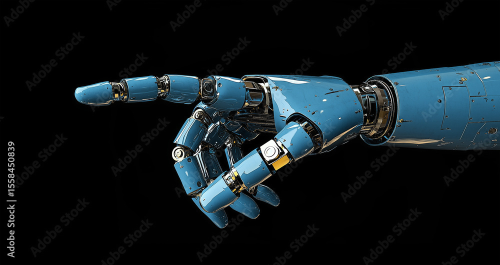 Poster robot hand pointing his finger. isolated cyborg arm on black background. generative ai