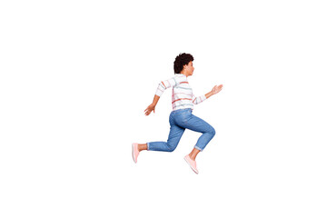 Full length body size photo of fast quick running cute nice runner wearing white sweater jeans side...
