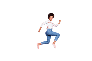 Full length body size photo of cute excited ecstatic sweet cute woman running jumping fast quickly with emotional face expression isolated over pink pastel color background