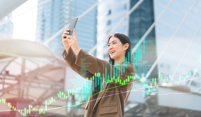 Gen Z business asian woman using smartphone assistance ai analysis technology increase financial profit investment
