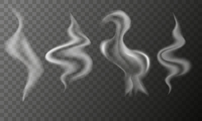 Realistic smoke and steam vector set. Overlays, hot drinks, cooking, backgrounds elements design. 