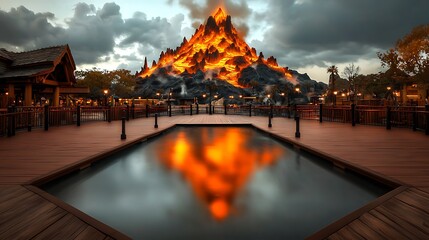 Obraz premium Majestic volcanic mountain erupting in the background with a serene pool in the foreground