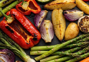 Roasted vegetables showcase vibrant colors and textures of healthy organic produce, including peppers, asparagus, onions and potatoes.