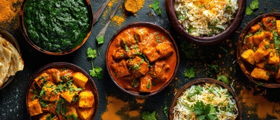 The colorful assortment of delicious Indian dishes served in bowls.