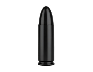 A meticulously crafted dark bullet stands upright, its polished surface reflecting light with sleek precision.