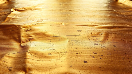 A gold colored surface with a few scratches and marks