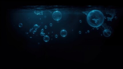 A dark blue background with many small bubbles floating in the water