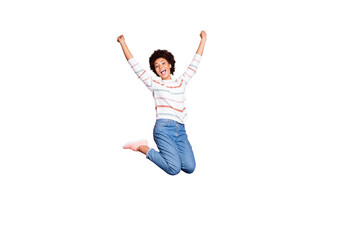 Full length body size photo of cheerful cute charming positive sweet pretty black millennial...
