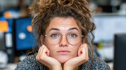 A female office worker, showing signs of frustration, gazes directly at the camera while leaning her chin on her hands. She sits in a bustling office environment filled with computers and paperwork