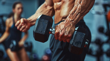 AI-generated image showing close-up of a man’s arm lifting a dumbbell in a gym, with a blurred woman exercising on a bench in the background
