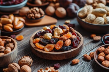 A close up of wooden bowls filled with assorted nuts and dried fruits on a wooden surface top view