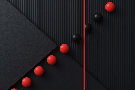 Red and black 3D spheres abstract concept with light and business symbol shapes