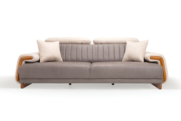 Modern two-tone sofa with wooden arms and pillows, isolated on a white background.