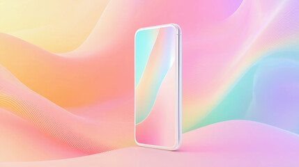 パステルグラデーション背景に立つ未来的スマートフォン