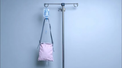 Hospital IV pole with hanging saline bag on hook